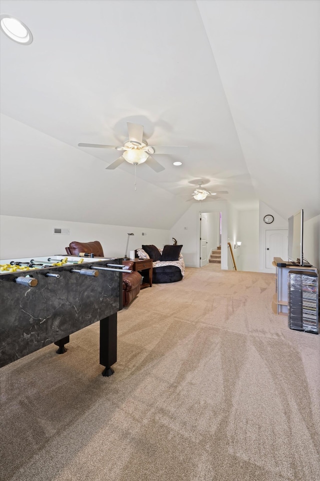 7415 Island Manor Dr, Harrison, TN 37341 - recreation room with carpet, ceiling fan, and lofted ceiling