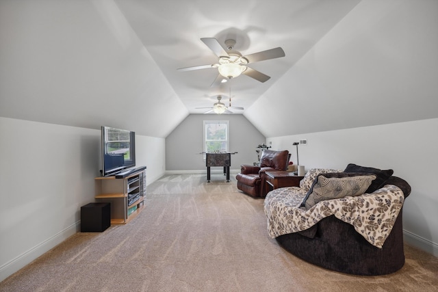 7415 Island Manor Dr, Harrison, TN 37341 - sitting room featuring carpet flooring, lofted ceiling, ceiling fan, and baseboards