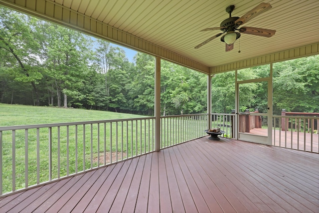7415 Island Manor Dr, Harrison, TN 37341 - wooden deck featuring a ceiling fan, a yard, and view of scattered trees