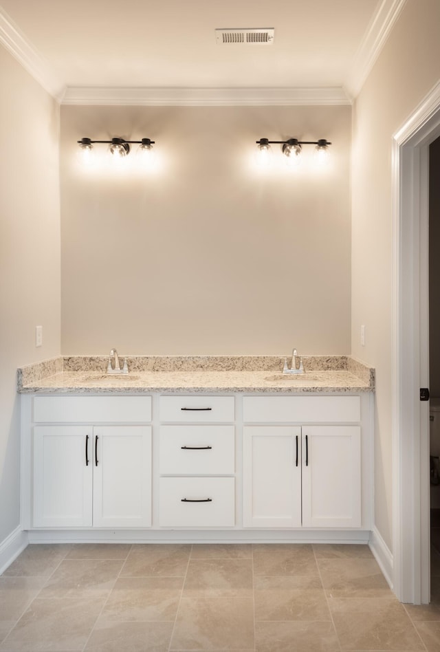 full bathroom featuring crown molding, double vanity, a sink, and visible vents