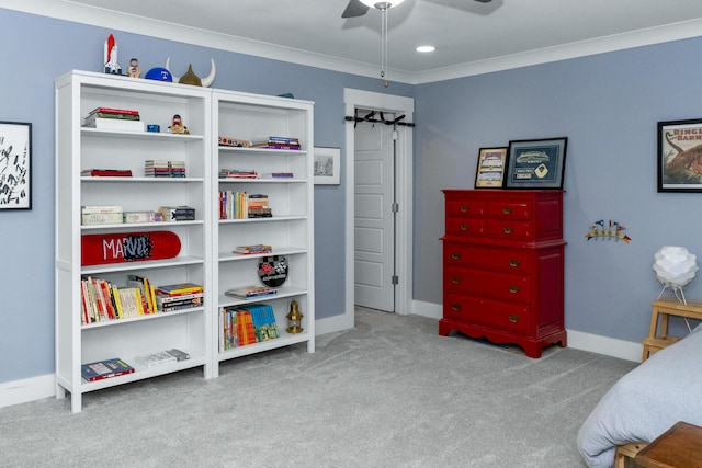 bedroom featuring carpet flooring, baseboards, and a ceiling fan
