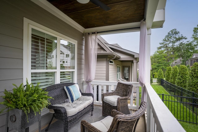 balcony with a ceiling fan