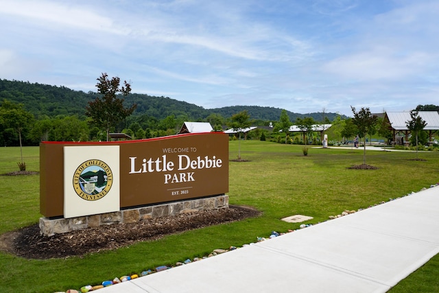view of property's community with a mountain view and a lawn