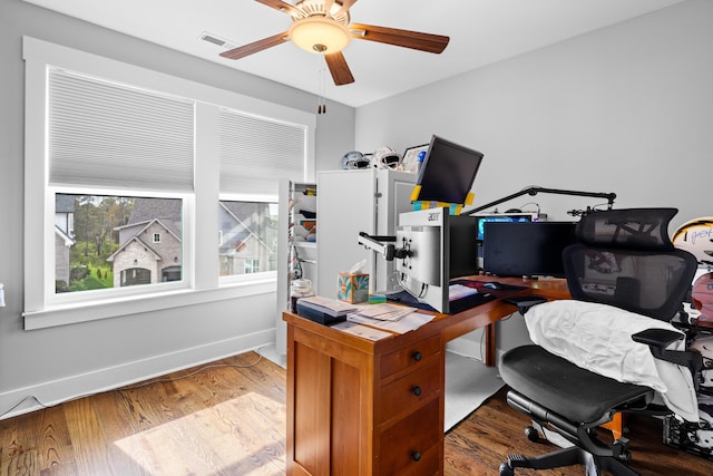 9876 Trestle Cir, Ooltewah, TN 37363 - office space featuring ceiling fan, baseboards, wood finished floors, and visible vents