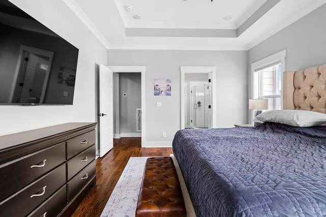 9876 Trestle Cir, Ooltewah, TN 37363 - bedroom featuring a tray ceiling, ornamental molding, baseboards, and dark wood-style flooring