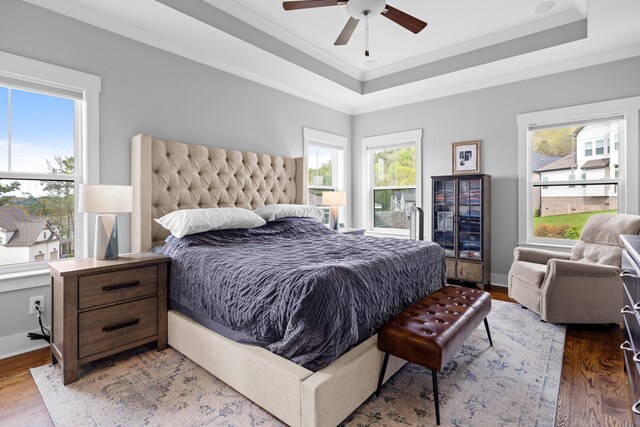 9876 Trestle Cir, Ooltewah, TN 37363 - bedroom with a raised ceiling, wood finished floors, ornamental molding, and multiple windows