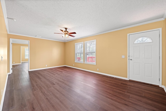 325 Pocket Rd, Whitwell, TN 37397 - entryway featuring a textured ceiling, crown molding, dark wood-style floors, and ceiling fan