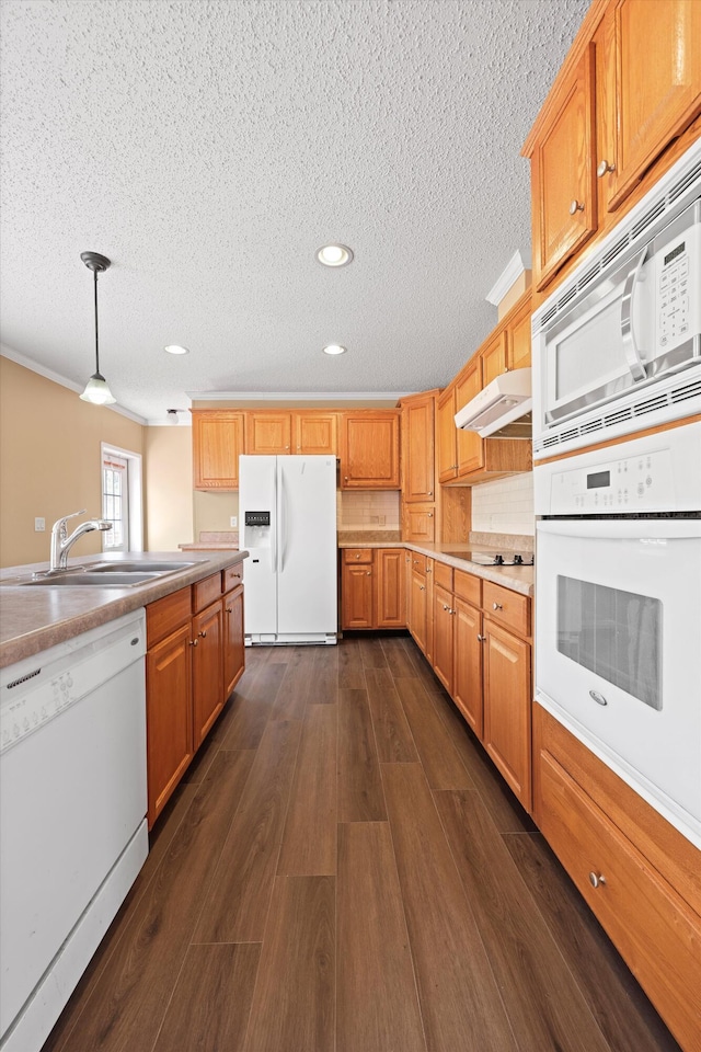 325 Pocket Rd, Whitwell, TN 37397 - kitchen with a sink, a textured ceiling, dark wood-style flooring, white appliances, and under cabinet range hood