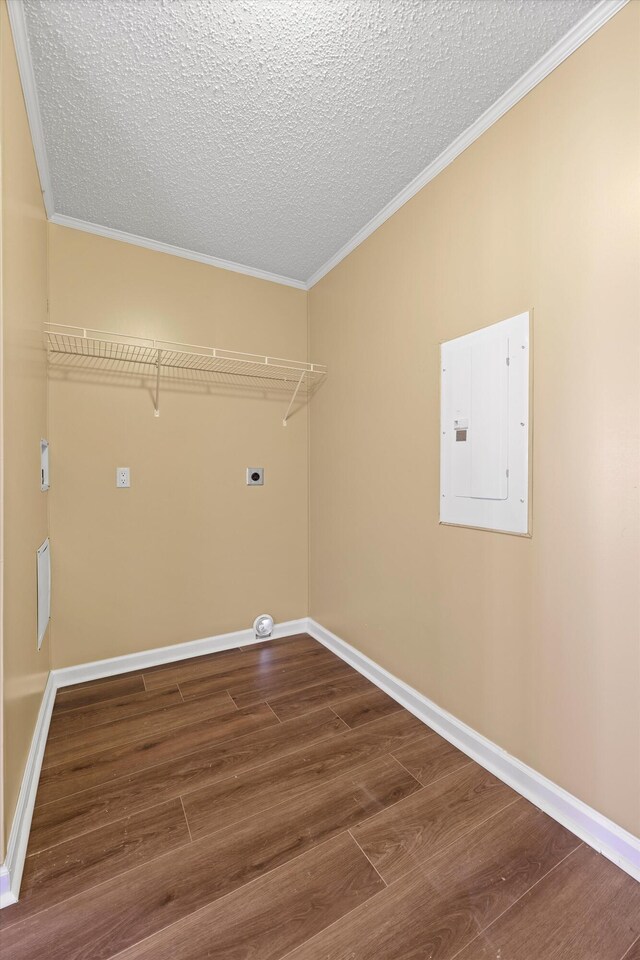 325 Pocket Rd, Whitwell, TN 37397 - laundry area featuring dark wood-style floors, laundry area, electric panel, electric dryer hookup, and a textured ceiling