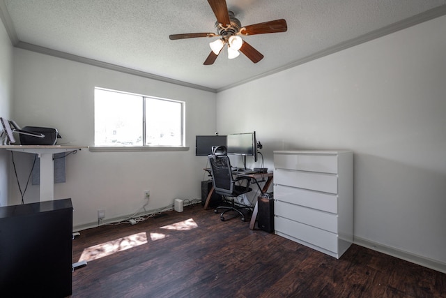 office with crown molding, ceiling fan, wood finished floors, and a textured ceiling