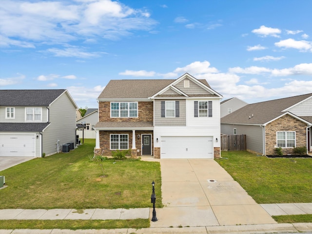 127 Huntley Meadows Dr, Rossville, GA 30741 - craftsman-style house with central air condition unit, driveway, a front lawn, a garage, and fence