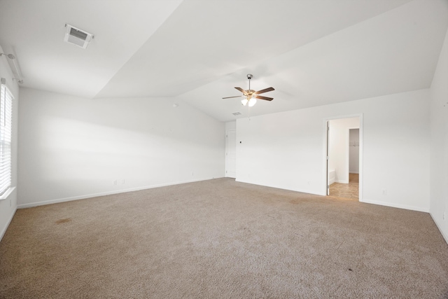 127 Huntley Meadows Dr, Rossville, GA 30741 - spare room featuring baseboards, light carpet, visible vents, lofted ceiling, and ceiling fan