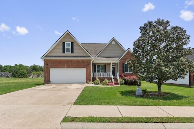 craftsman-style house featuring covered porch, an attached garage, and a front yard