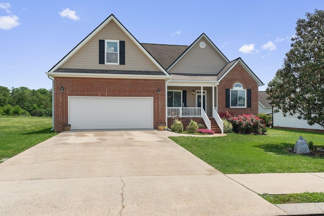 view of front of house featuring covered porch, an attached garage, concrete driveway, and a front lawn