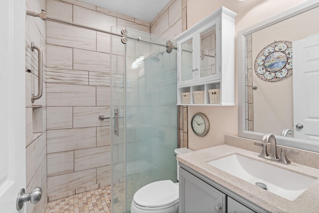 bathroom with vanity, a stall shower, and toilet