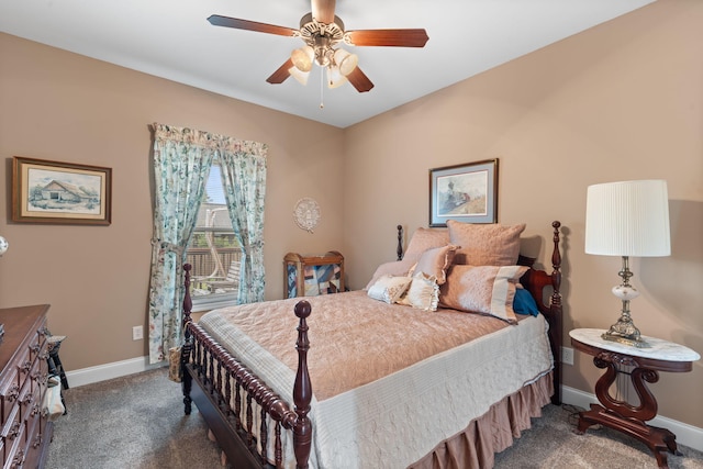 carpeted bedroom featuring baseboards and ceiling fan