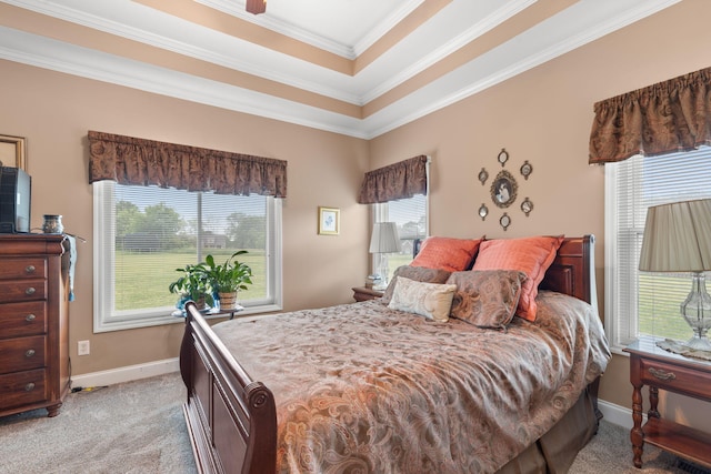 bedroom with baseboards, light carpet, ornamental molding, and a raised ceiling