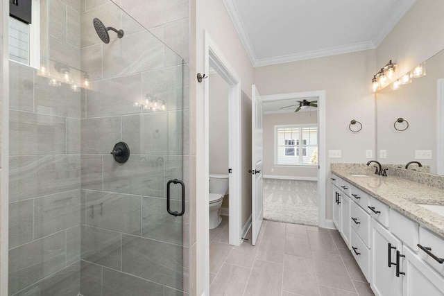 1555 Whisper Winds Ln Unit 44, Ooltewah, TN 37363 - full bath with crown molding, a stall shower, double vanity, ceiling fan, and tile patterned floors