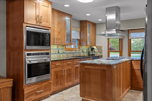 6500 Waconda Point Rd, Harrison, TN 37341 - kitchen with oven, a sink, dark stone countertops, island range hood, and black microwave