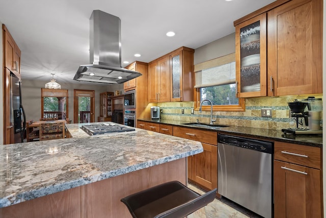 6500 Waconda Point Rd, Harrison, TN 37341 - kitchen featuring plenty of natural light, island exhaust hood, stainless steel appliances, and a sink