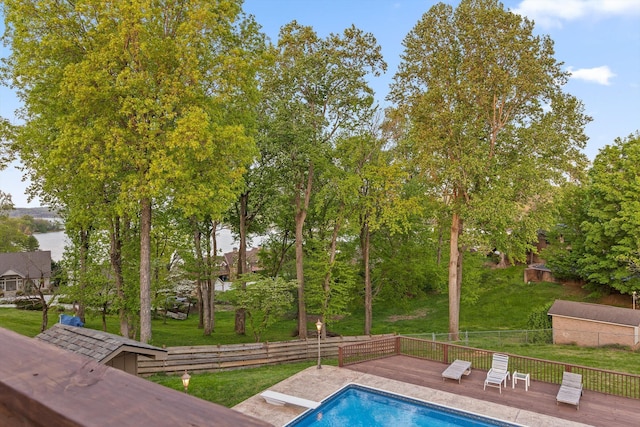 6500 Waconda Point Rd, Harrison, TN 37341 - view of swimming pool with a fenced in pool, fence, a diving board, a lawn, and a deck