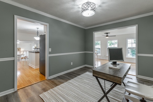 14 Hillcrest Ct, Ringgold, GA 30736 - office area featuring wood finished floors, ornamental molding, baseboards, a textured ceiling, and ceiling fan