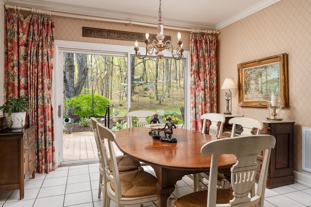 dining area with wallpapered walls, ornamental molding, a chandelier, light tile patterned floors, and visible vents