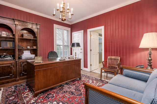 home office featuring baseboards, an inviting chandelier, ornamental molding, and wood finished floors