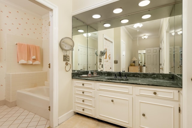 full bathroom featuring crown molding, baseboards, and tile patterned floors