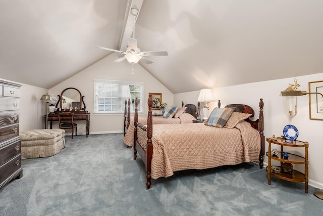 carpeted bedroom featuring ceiling fan, baseboards, and vaulted ceiling