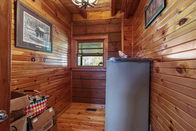 interior space with wood walls and wooden ceiling