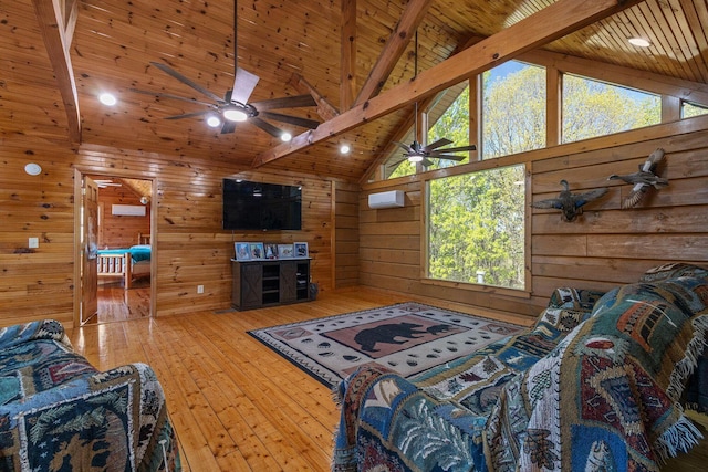 living area featuring a ceiling fan, wood walls, beamed ceiling, hardwood / wood-style flooring, and wooden ceiling