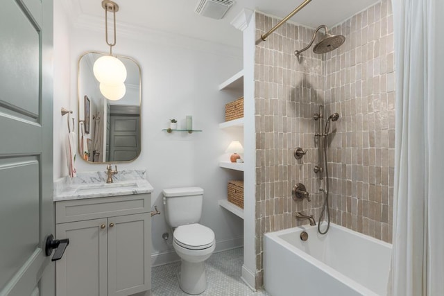 full bathroom with visible vents, vanity, toilet, tile patterned floors, and shower / bath combo