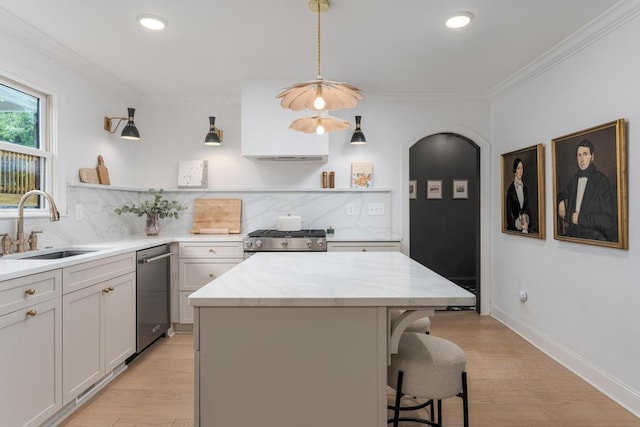 kitchen featuring tasteful backsplash, open shelves, light wood-type flooring, a sink, and stainless steel appliances