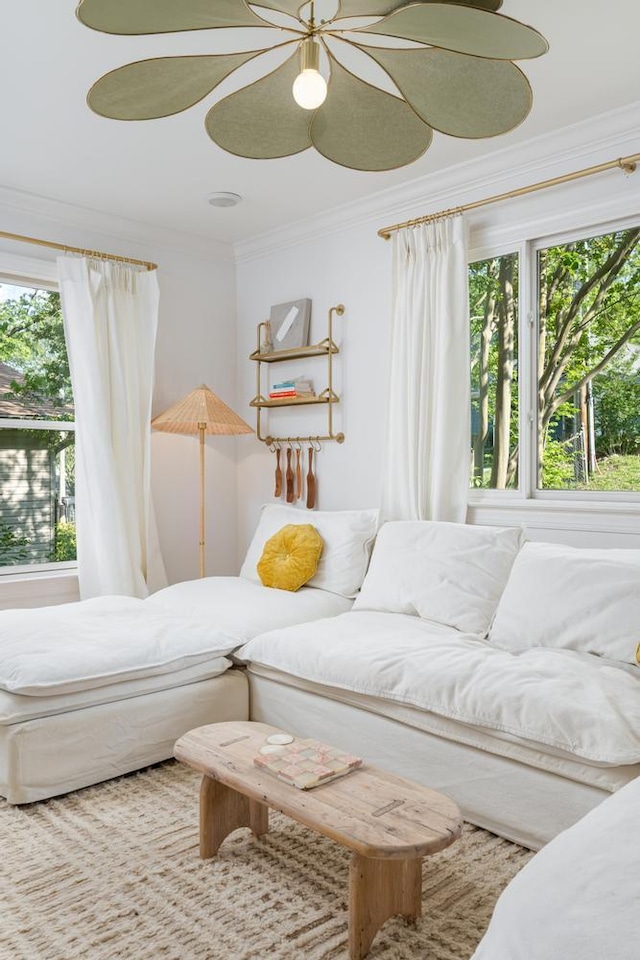 living area with crown molding and ceiling fan