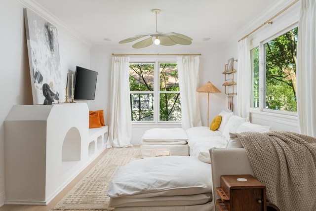 interior space with crown molding, a ceiling fan, baseboards, and wood finished floors