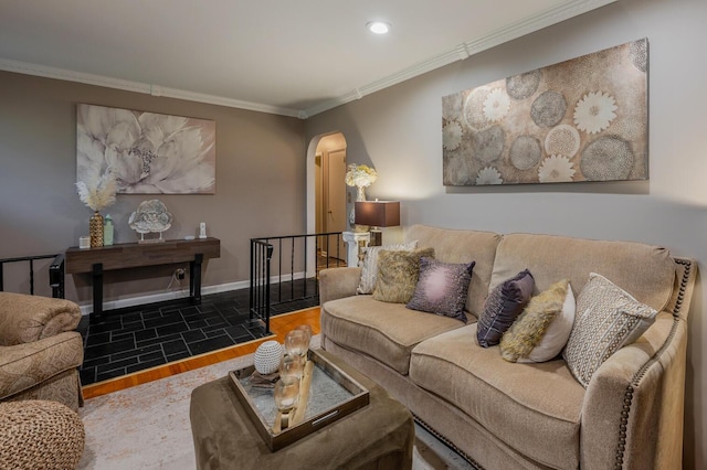 3745 Premium Dr, Chattanooga, TN 37415 - living room with crown molding, wood finished floors, arched walkways, baseboards, and recessed lighting