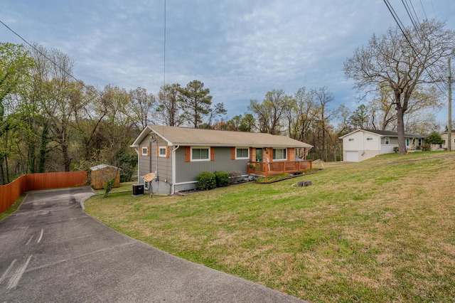 3745 Premium Dr, Chattanooga, TN 37415 - ranch-style house with a front lawn, driveway, a deck, and cooling unit