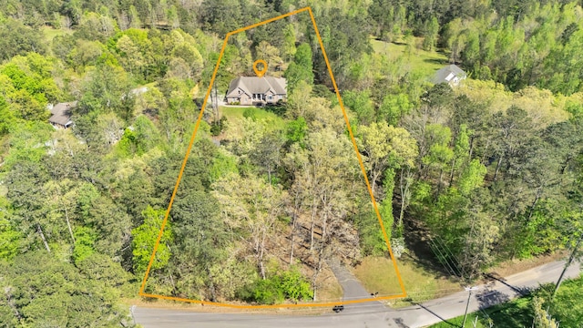 bird's eye view with a wooded view