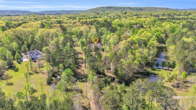 aerial view featuring a wooded view and a water view
