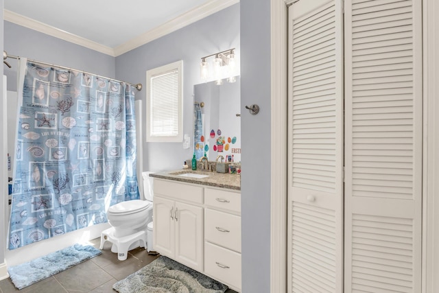 full bath with vanity, a closet, ornamental molding, tile patterned floors, and toilet