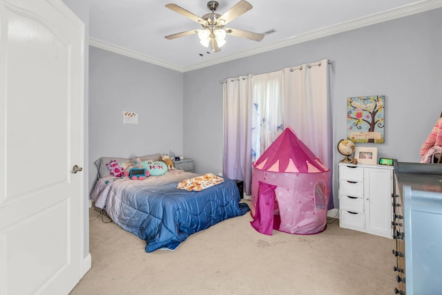bedroom with crown molding, visible vents, ceiling fan, and carpet