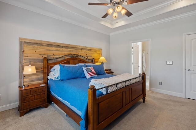 12237 Wildlife Pl, Soddy Daisy, TN 37379 - bedroom featuring a tray ceiling, a ceiling fan, ornamental molding, light carpet, and baseboards