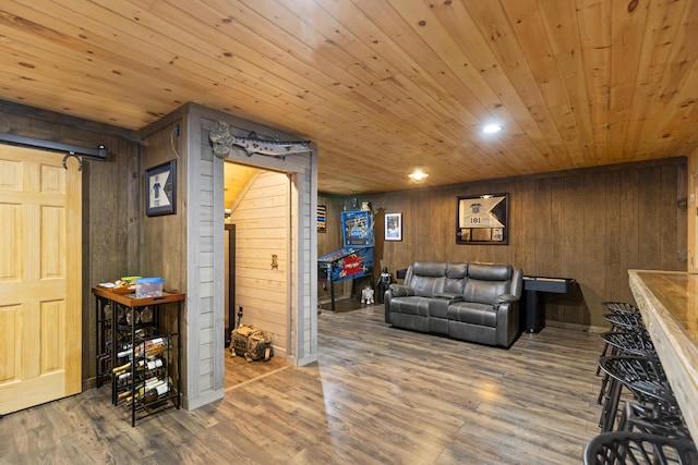 12237 Wildlife Pl, Soddy Daisy, TN 37379 - living area featuring wood ceiling, wooden walls, wood finished floors, and recessed lighting
