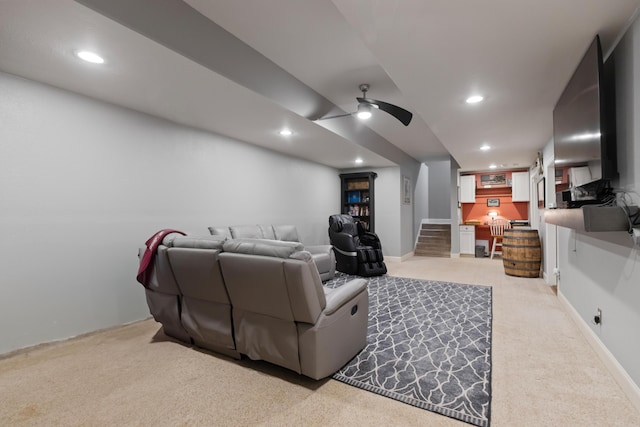12237 Wildlife Pl, Soddy Daisy, TN 37379 - carpeted living room with stairway, ceiling fan, baseboards, and recessed lighting