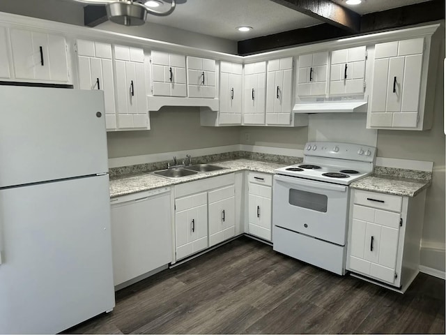 810 Forest Dale Ln, Hixson, TN 37343 - kitchen with dark wood-style floors, a sink, white appliances, light countertops, and under cabinet range hood