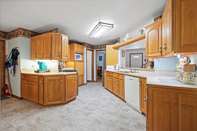798 Deerfield Ln, Sugar Valley, GA 30746 - kitchen featuring brown cabinets, a sink, white appliances, and light countertops