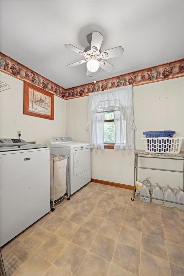 798 Deerfield Ln, Sugar Valley, GA 30746 - laundry room featuring baseboards, separate washer and dryer, ceiling fan, and laundry area