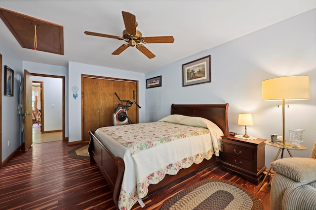 798 Deerfield Ln, Sugar Valley, GA 30746 - bedroom with attic access, baseboards, a closet, ceiling fan, and dark wood-type flooring