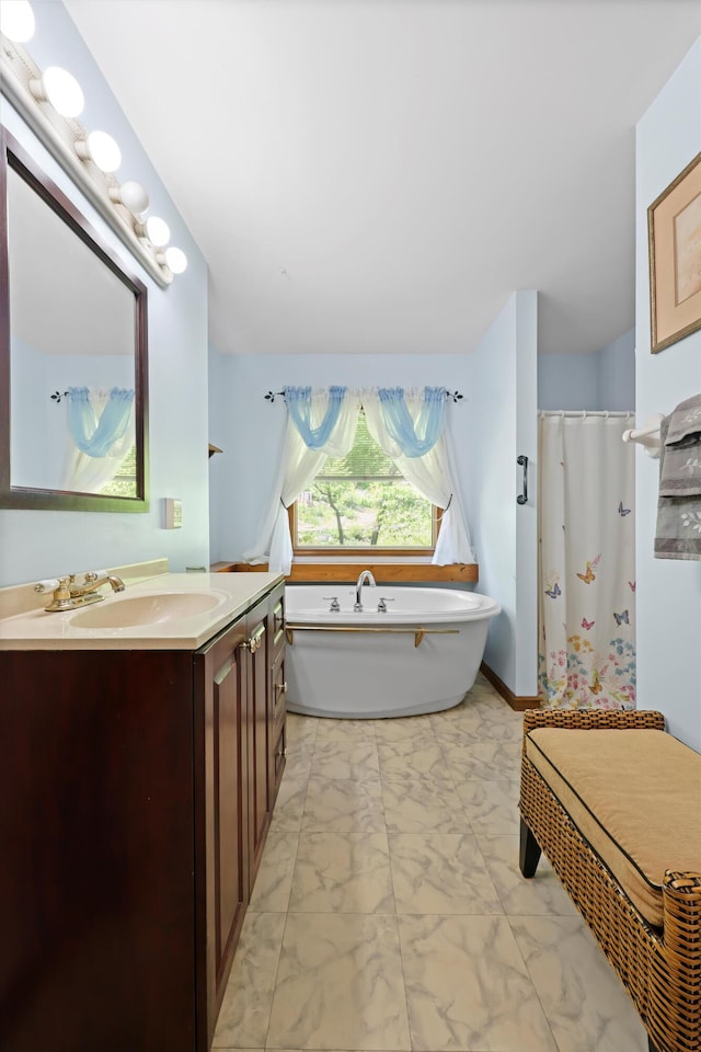 798 Deerfield Ln, Sugar Valley, GA 30746 - bathroom with curtained shower, a soaking tub, marble finish floor, and vanity